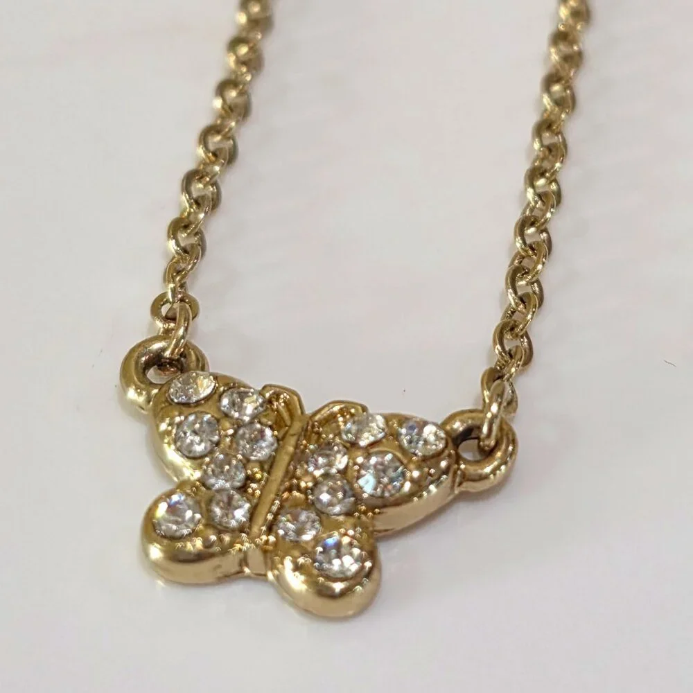 Gold Butterfly Pave Rhinestone Small Gold Chain Pendant Necklace Dainty Small - Picture 5 of 10